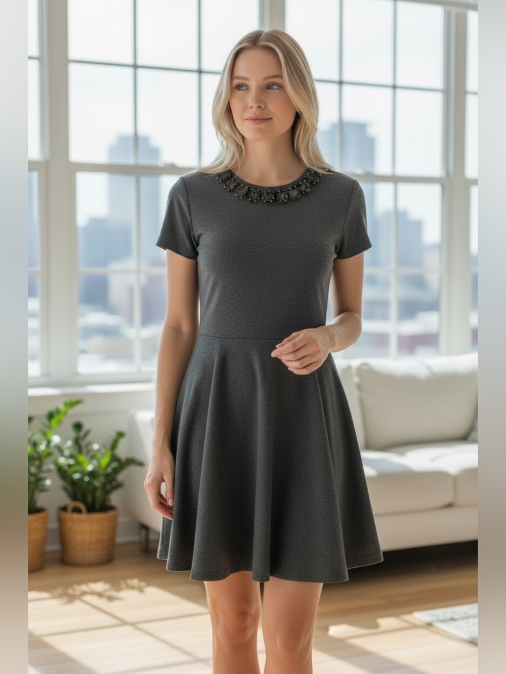ELIZA J. Fit & Flare Mini Dress Jeweled Embellished Neckline Charcoal Gray Sz 6